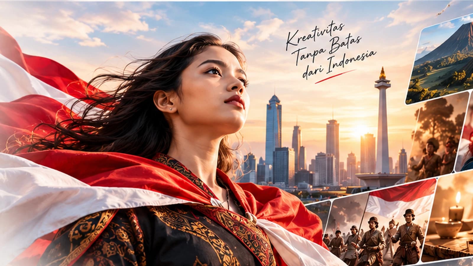 Kreativitas tanpa batas dari Indonesia — perempuan berkibar sang merah putih dengan latar Jakarta saat matahari terbenam